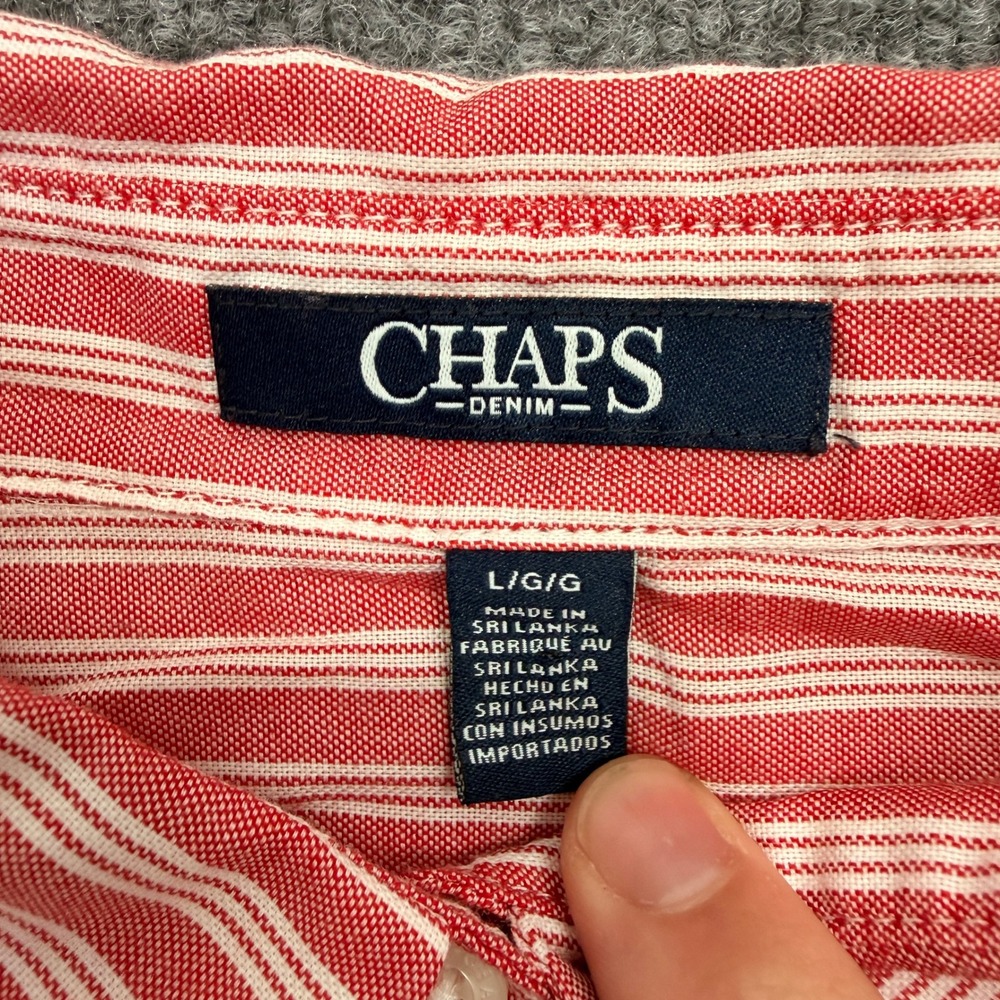 Chaps Denim Womens Large Red White Striped Short Sleeve Button Down Shirt Pocket - Picture 3 of 7